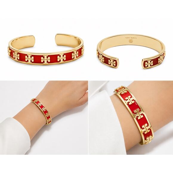 Tory Burch Jewelry - Tory Burch Red Enamel Gold Double T Logo Cuff Bracelet Excellent Condition -NWOT